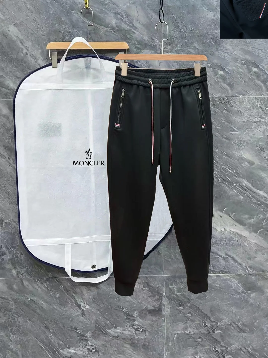Moncler 2025 New Men's Black Casual Sweatpants with Webbing & Zipper Pockets