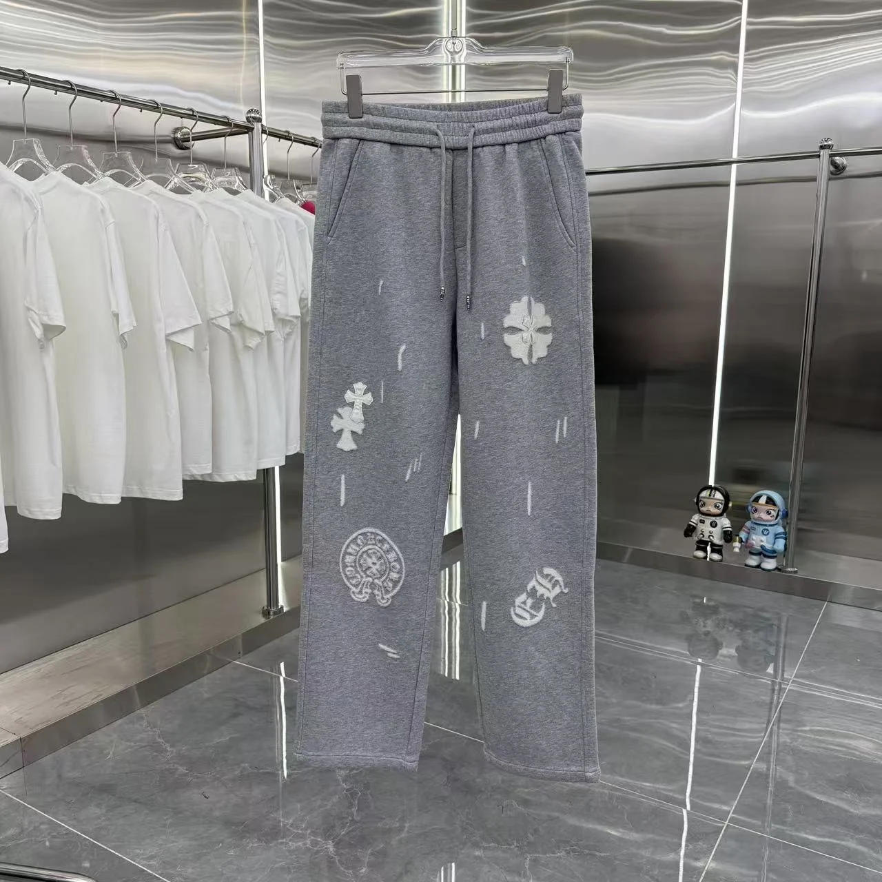 Chrome Hearts 2025 Autumn Winter New Gray Wide-Leg Pants with Logo Burn-out
