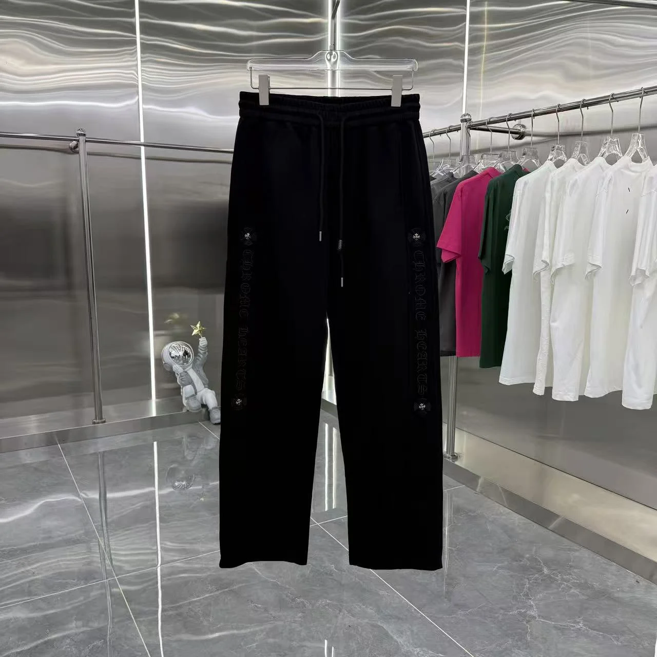 Chrome Hearts 2025 Autumn Winter New Black Wide-Leg Pants with Side Letter Embroidery