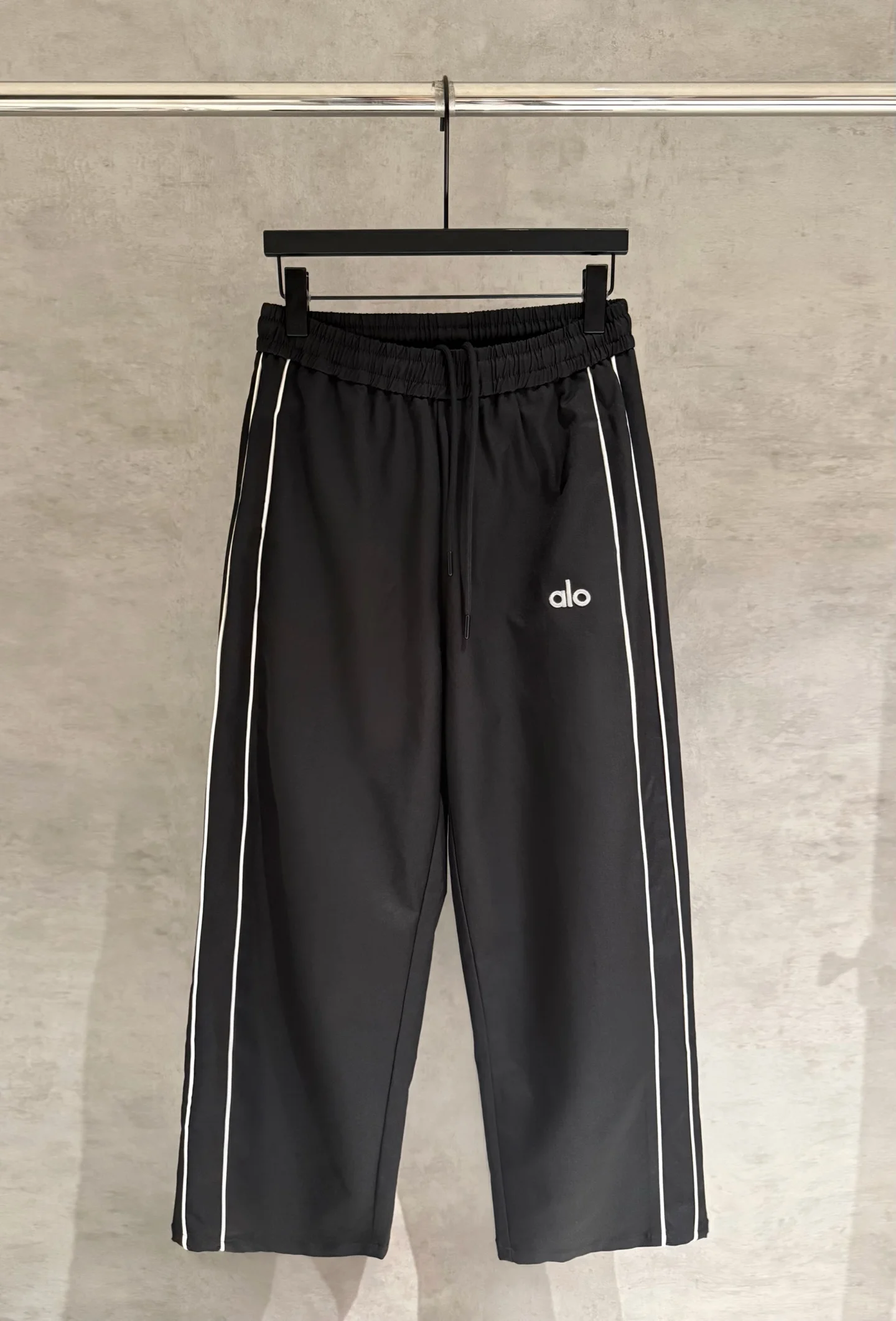 Alo New Black Straight-Leg Pants with White Stripes, Loose Fit & Waterproof