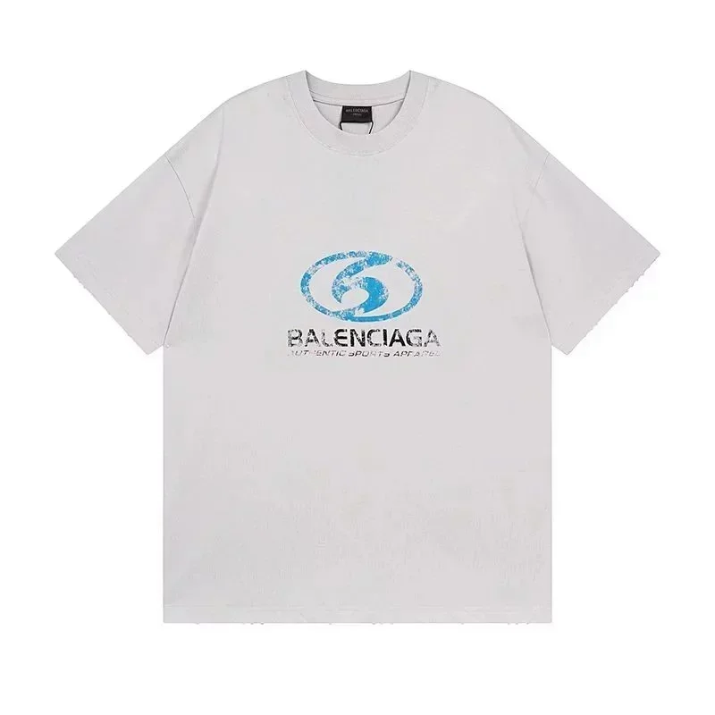 BALENCIAGA White T-Shirt Blue Distressed Logo
