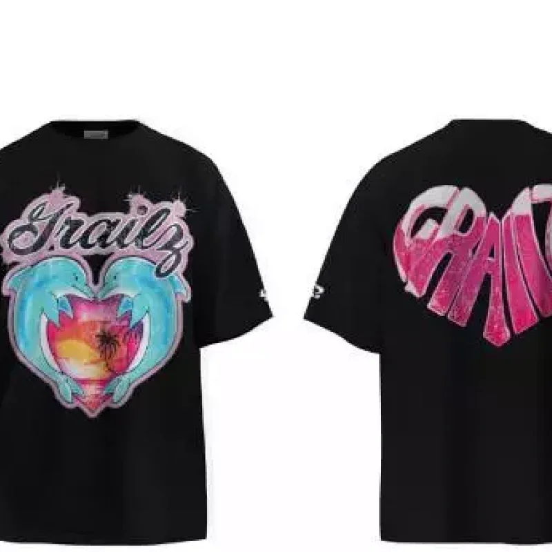 Grailz Black T-Shirt: Dolphin Sunset & Pink Logo