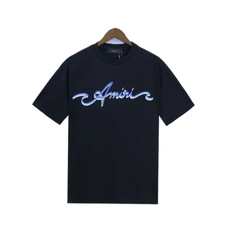 Amiri Black T-Shirt with Embroidered Blue Logo