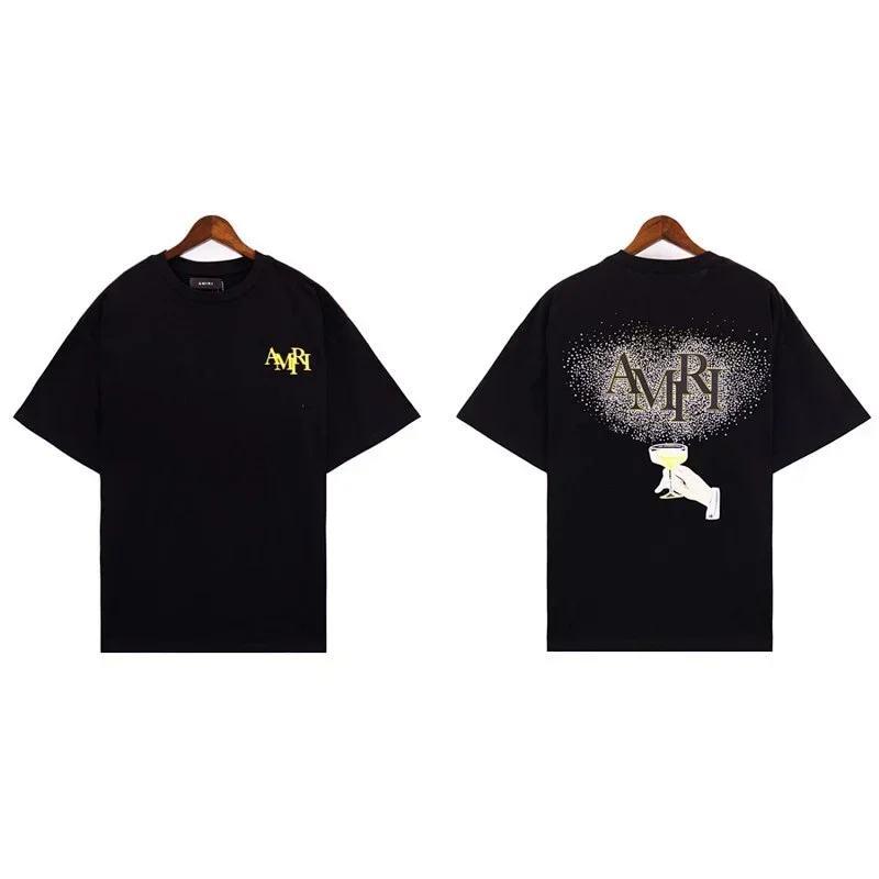 AMIRI Black T-Shirt with Yellow Logo & Wine Glass