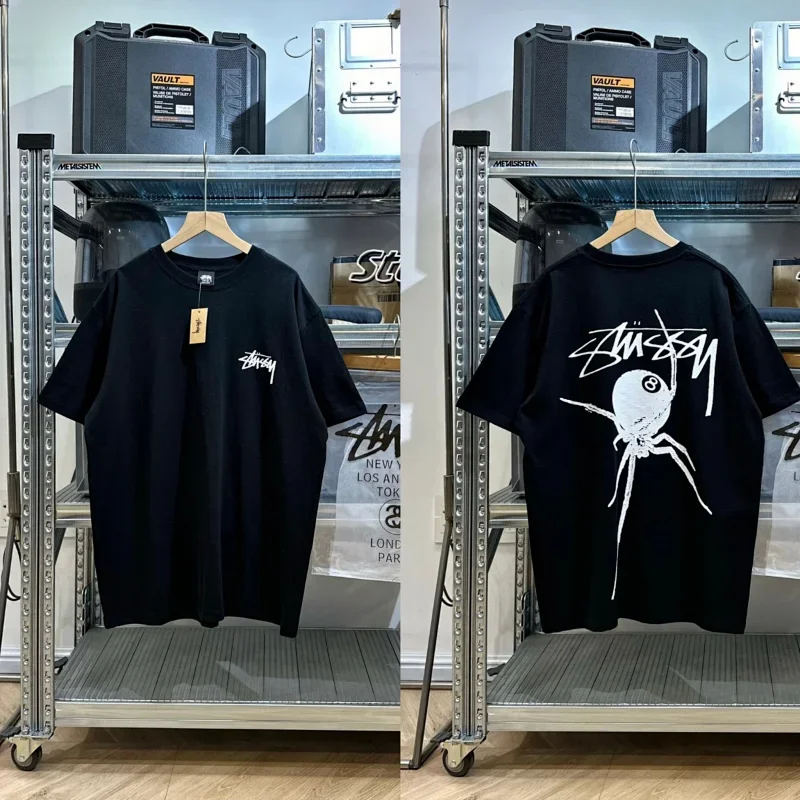Stussy Black T-Shirt with Spider 8-Ball Graphic