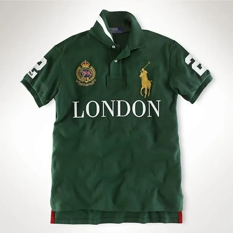 Green Polo T-Shirt: London Print & Gold Logo
