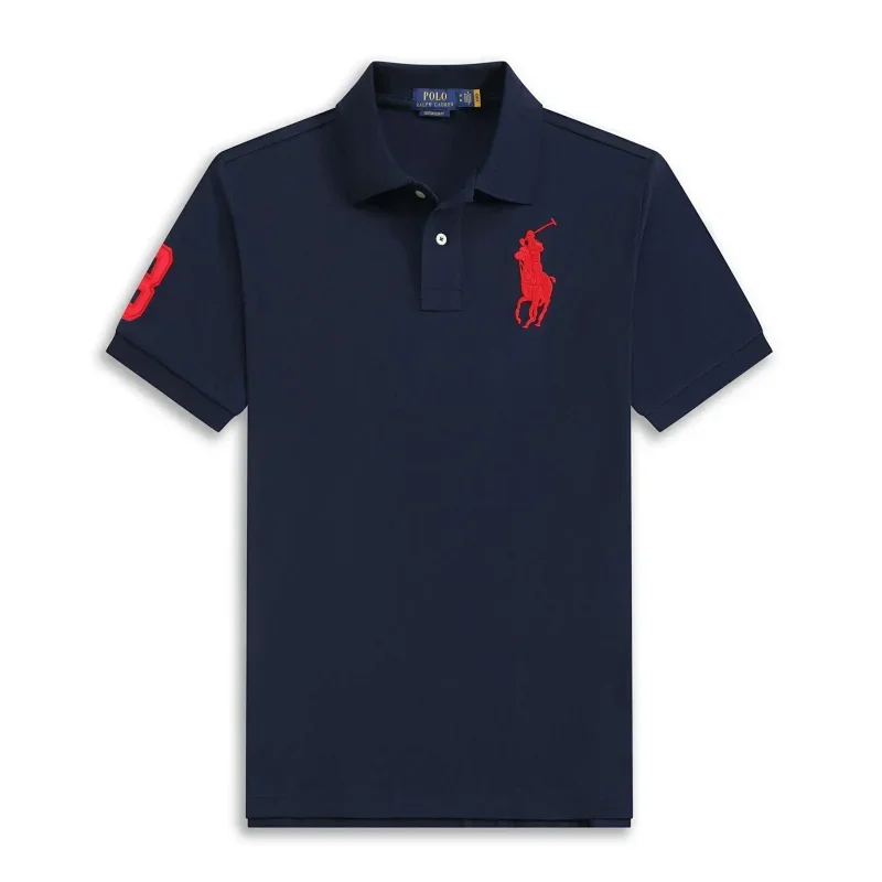 POLO Navy T-Shirt with Embroidered Red Logo & Sleeve Pattern