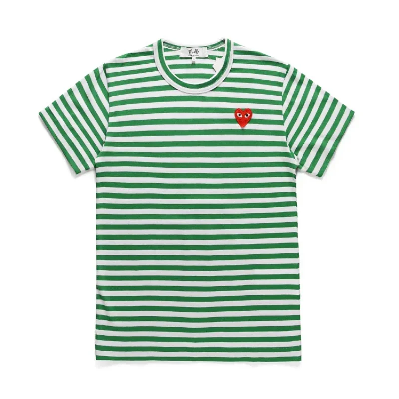 PLAY Green & White Striped T-Shirt w/ Red Heart Embroidery