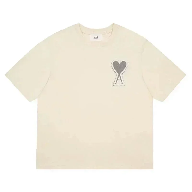Ami Beige T-Shirt with Gray Heart & A Embroidery