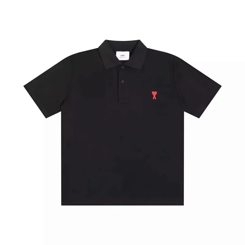 ami Black Polo T-Shirt Red Heart Embroidery