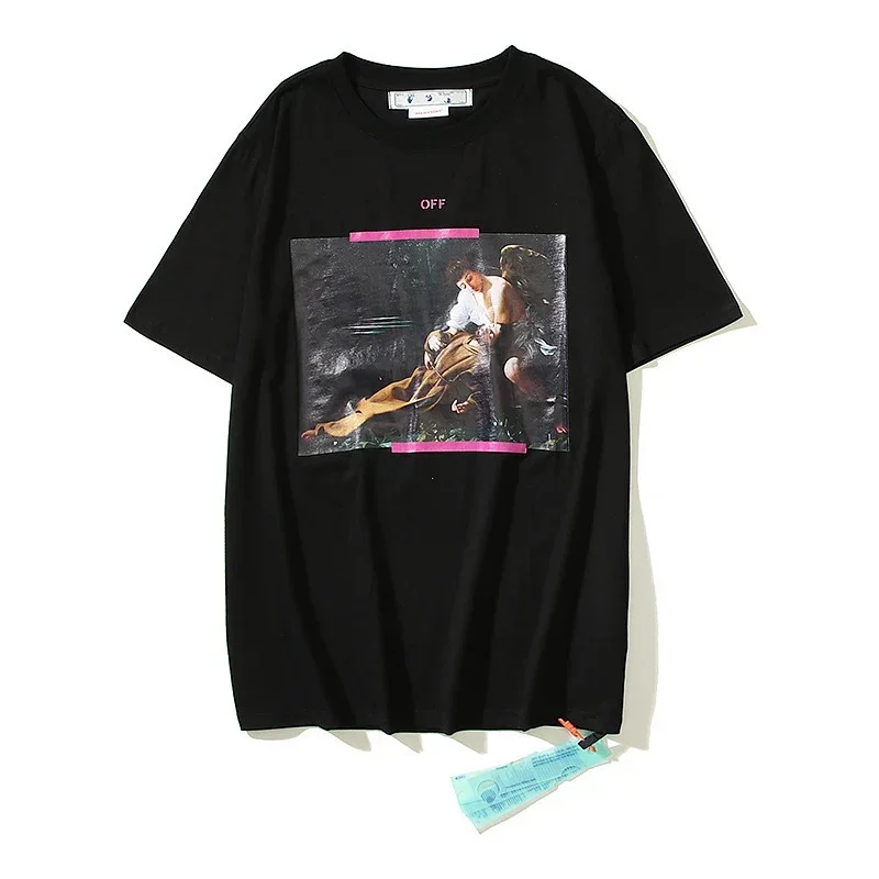 OFF-WHITE Black T-Shirt with Pink Stripes & "OFF" Text
