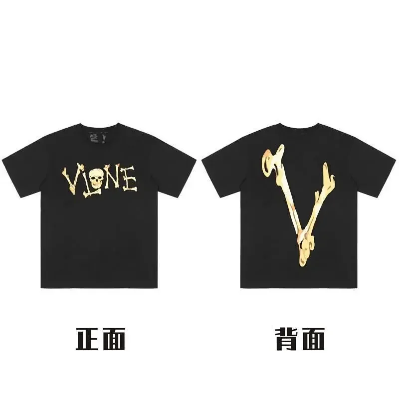 VLONE Black T-Shirt Gold Skull Front, Bone V Back