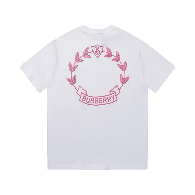Burberry White T-Shirt Pink Laurel Wreath Logo Embroidery