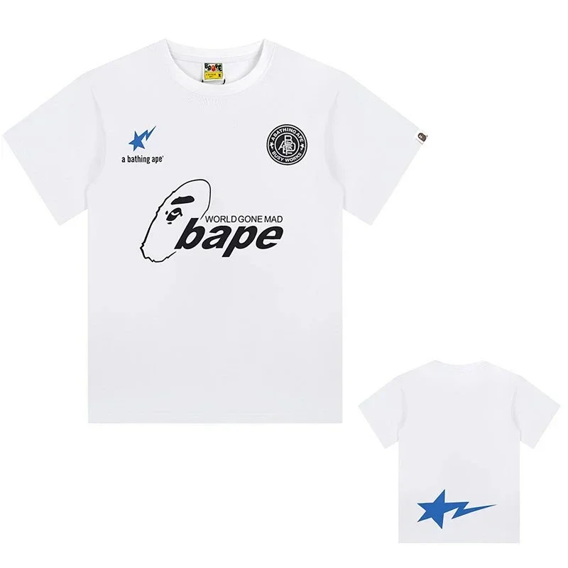 Bape White T-Shirt: Ape Head, Blue Lightning Star & "WORLD GONE MAD" Print