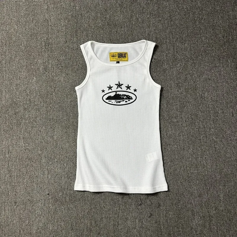 RIBHILLX White Graphic Print Waffle Tank