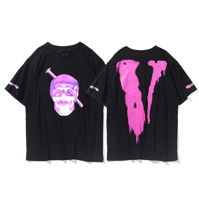 VLONE Black T-Shirt Pink Skull Front & Dripping V Back