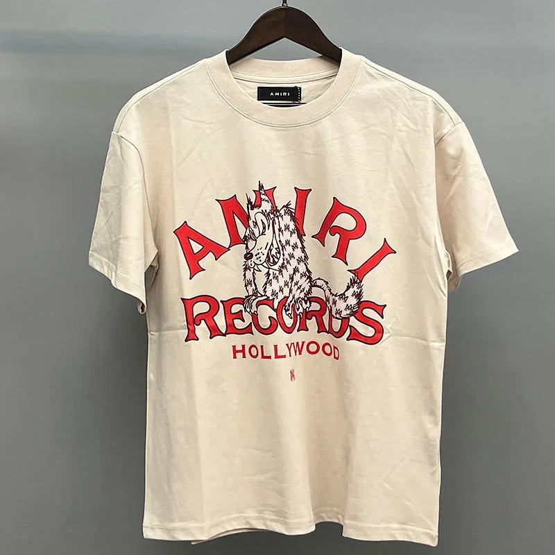 AMIRI Beige T-Shirt: Red "RECORDS HOLLYWOOD" & Wolf Graphic