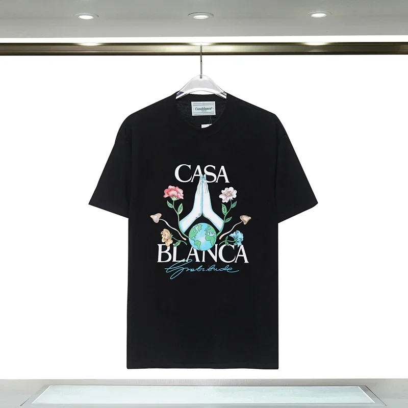 Casablanca Black T-Shirt: CASA BLANCA Print, Praying Hands, Earth & Floral