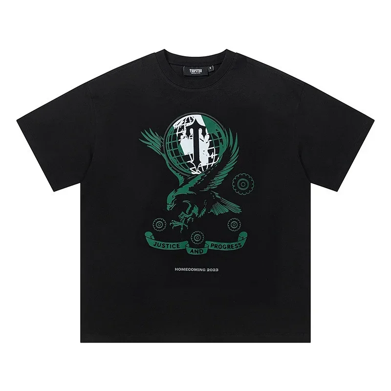TRAPSTAR Black T-Shirt: Green Eagle & Globe Graphic