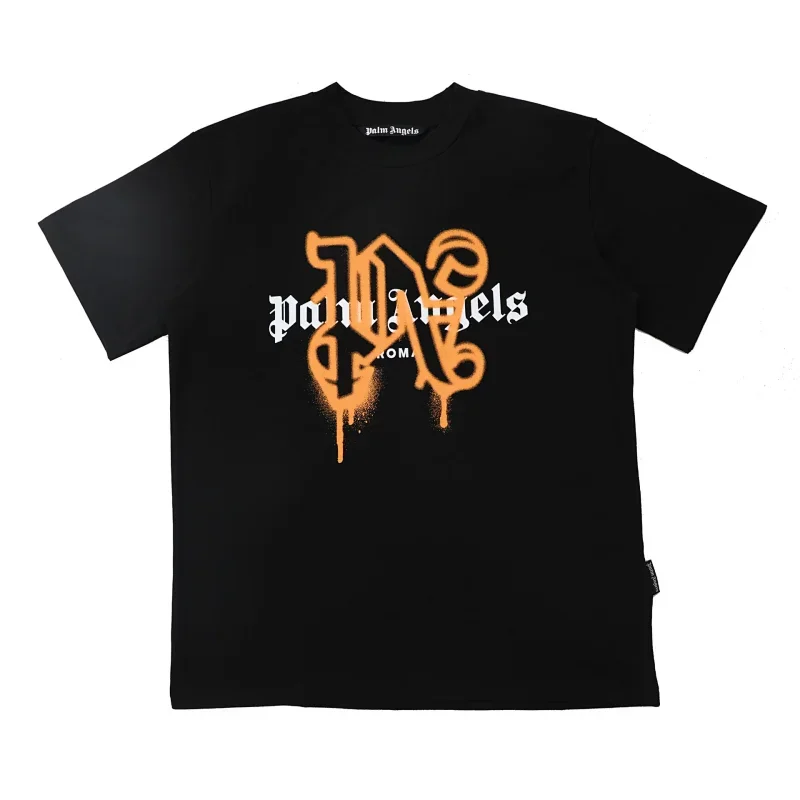 Palm Angels Black T-Shirt with Orange Graffiti