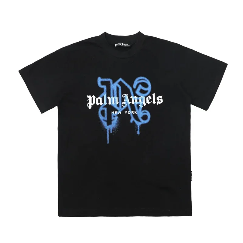 Palm Angels Black T-Shirt with Blue Spray Paint Graphic