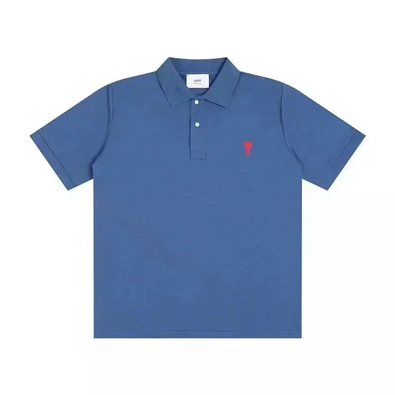 Ami Blue Polo with Red Heart Embroidery