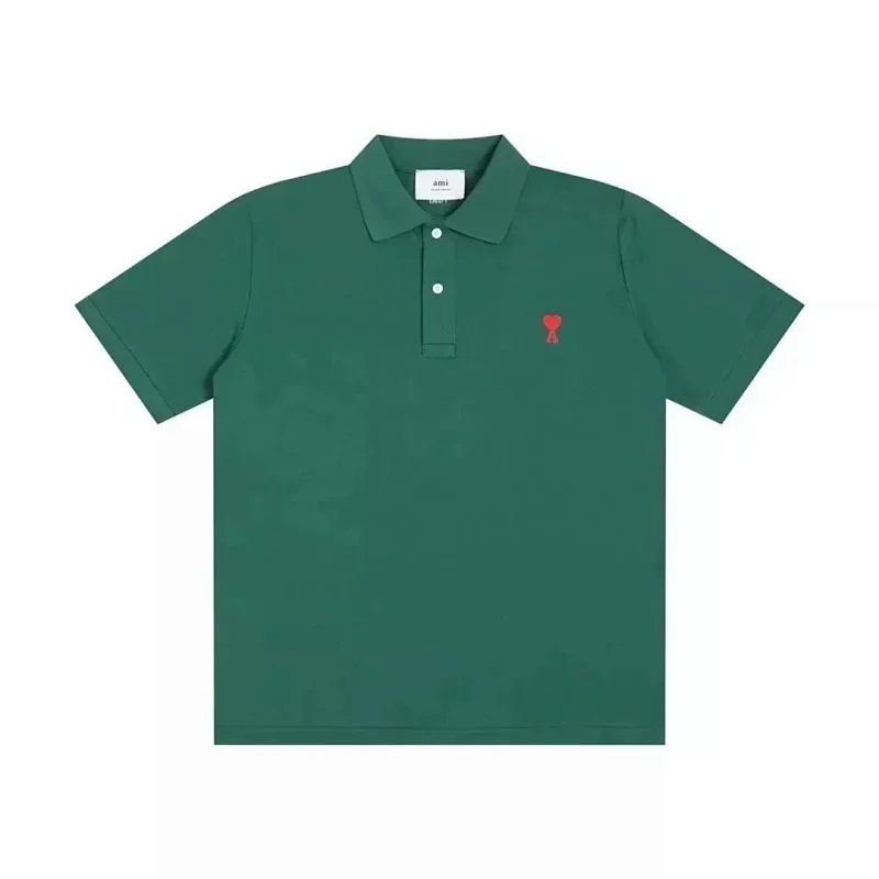 AMI Green Red Heart Embroidered Polo Short Sleeve