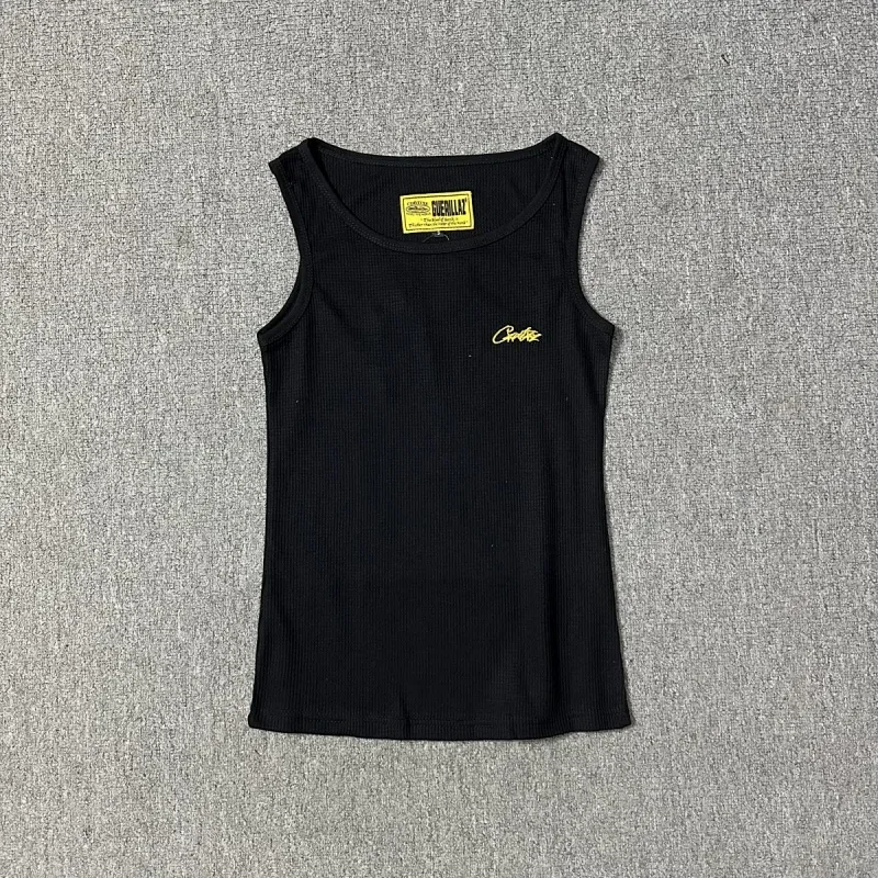 CHECKLAX Black Ribbed T-Shirt with Yellow Embroidery