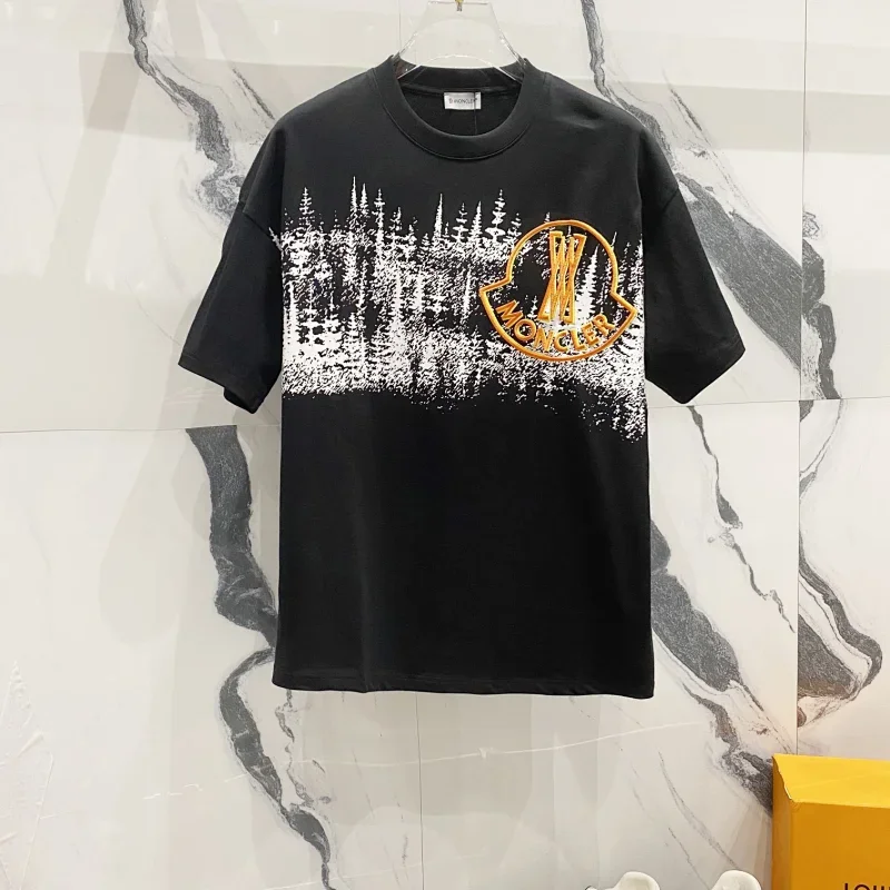 Moncler Black T-Shirt with White Forest & Orange Logo