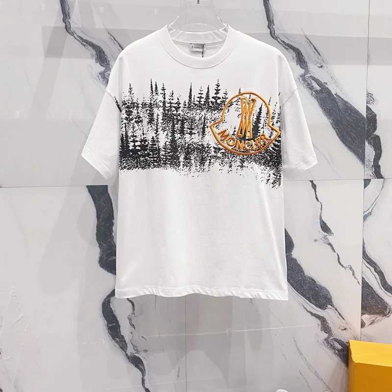 Moncler White Forest Embroidered Logo Tee