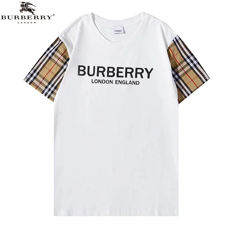 BURBERRY White T-Shirt with Check Sleeves & Logo