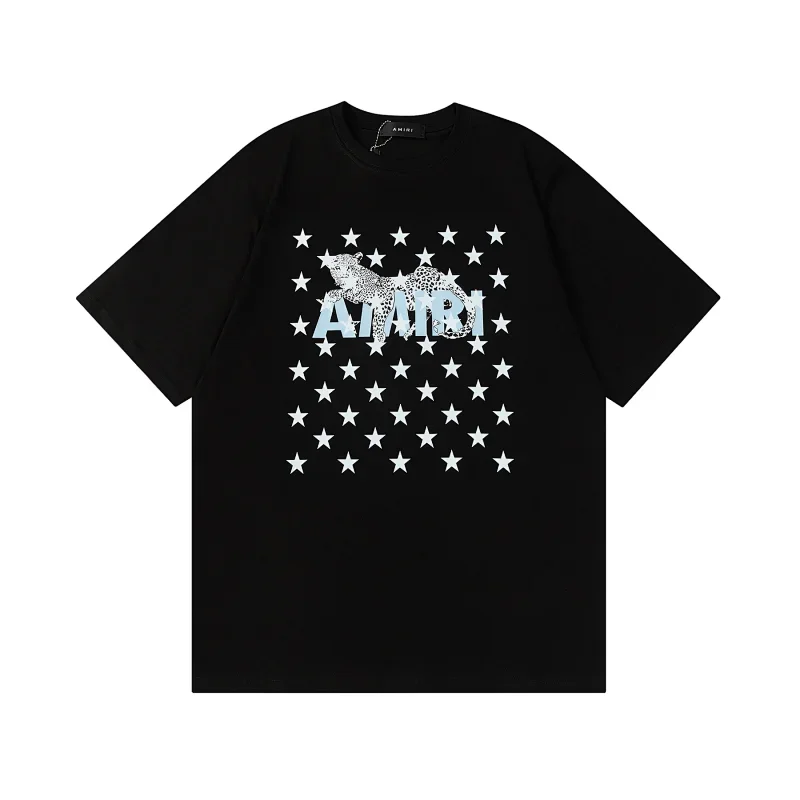 AMIRI Black T-Shirt with Stars & Leopard Print