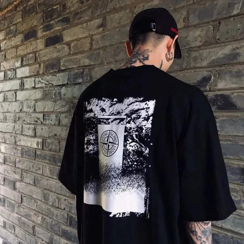 Stone Island Black T-Shirt with White Graphic