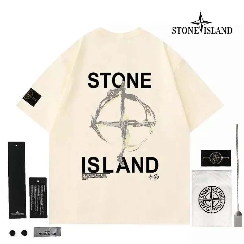 STONE ISLAND Beige T-Shirt with Back Logo & Accessories