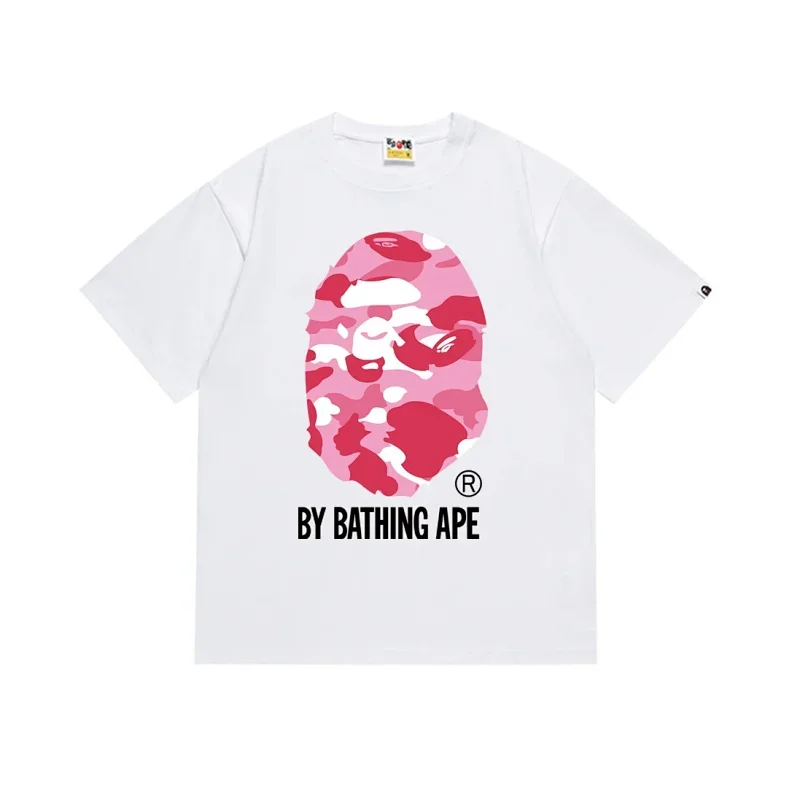 BAPE White T-Shirt Pink Camo Ape Head Print