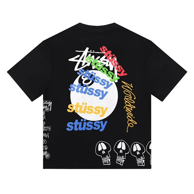 Stussy Black T-Shirt with Colorful Logos & Skulls