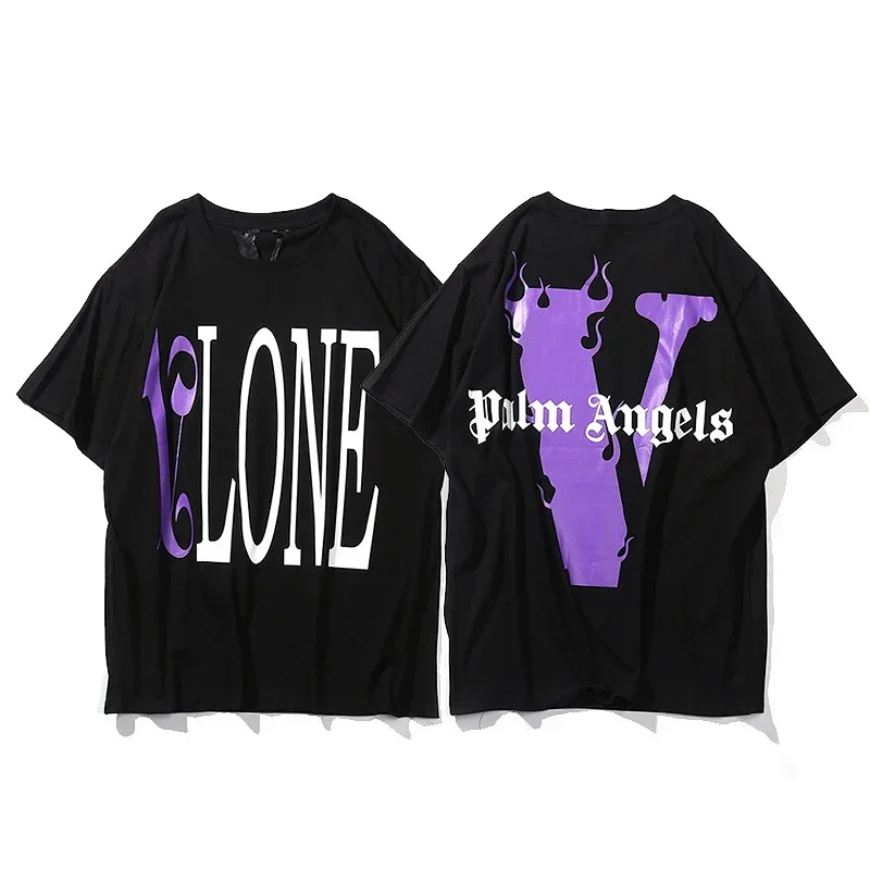 VLONE Black Front Back V Purple Flame Palm Tee