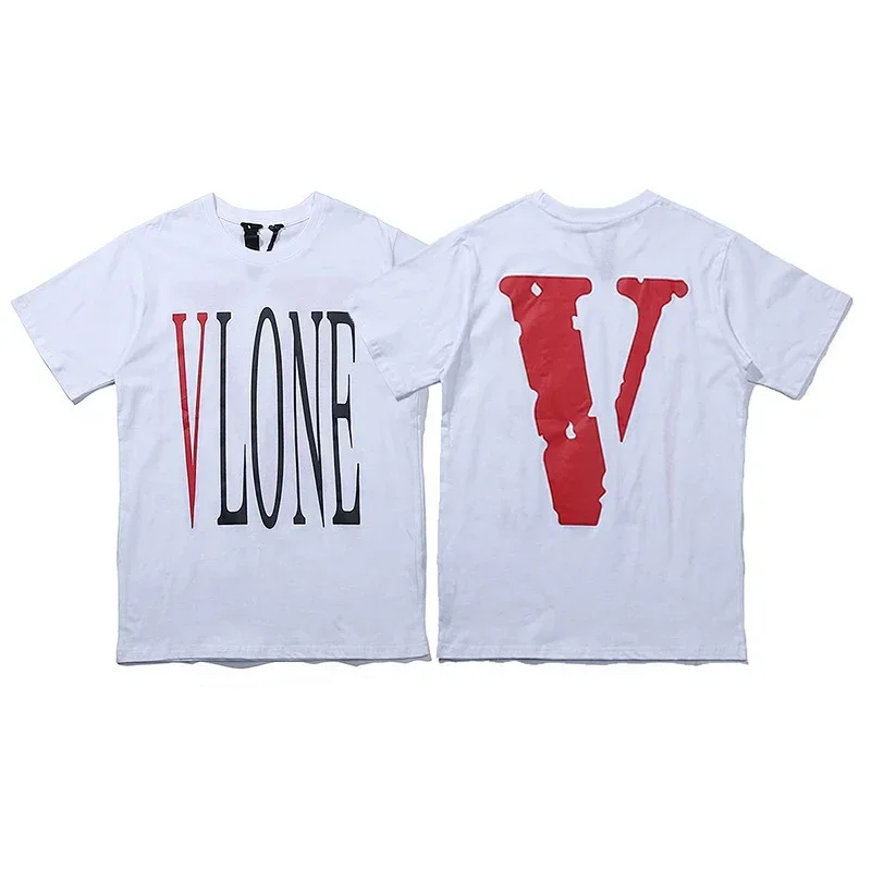 VLONE White T-Shirt: Red & Black Front Text, Back Red V
