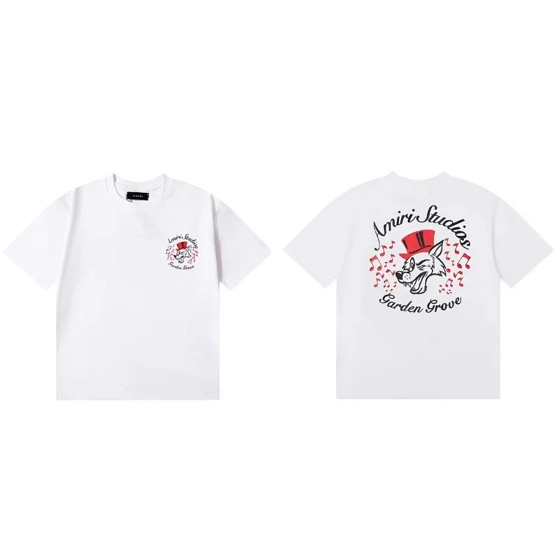 Amiri White T-Shirt (Front Small Graphic, Back Wolf/Red Top Hat)