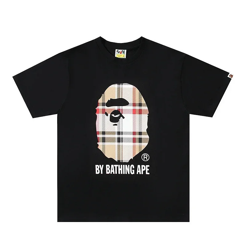 BAPE Black T-Shirt with Plaid Ape Head Print