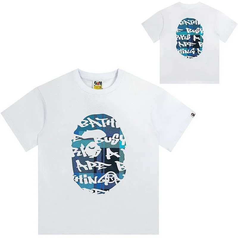 BAPE White T-Shirt Blue Plaid Ape-Head Graffiti