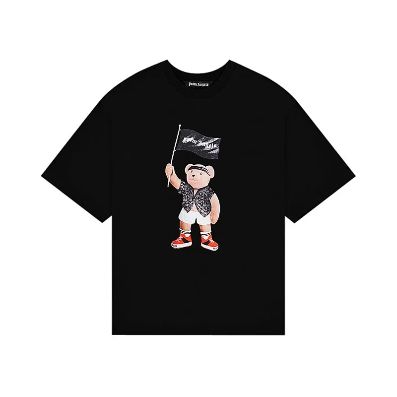 Palm Angels Black T-Shirt: Flag & Teddy Bear Graphic