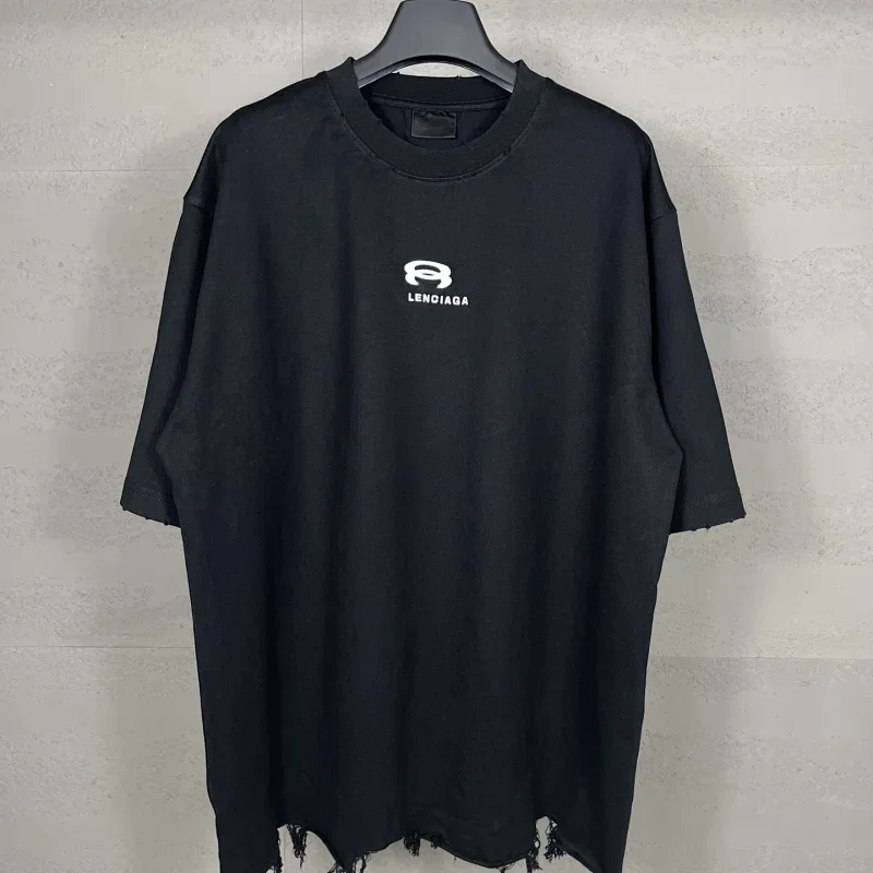LENGIAGA Black T-Shirt Distressed Hem