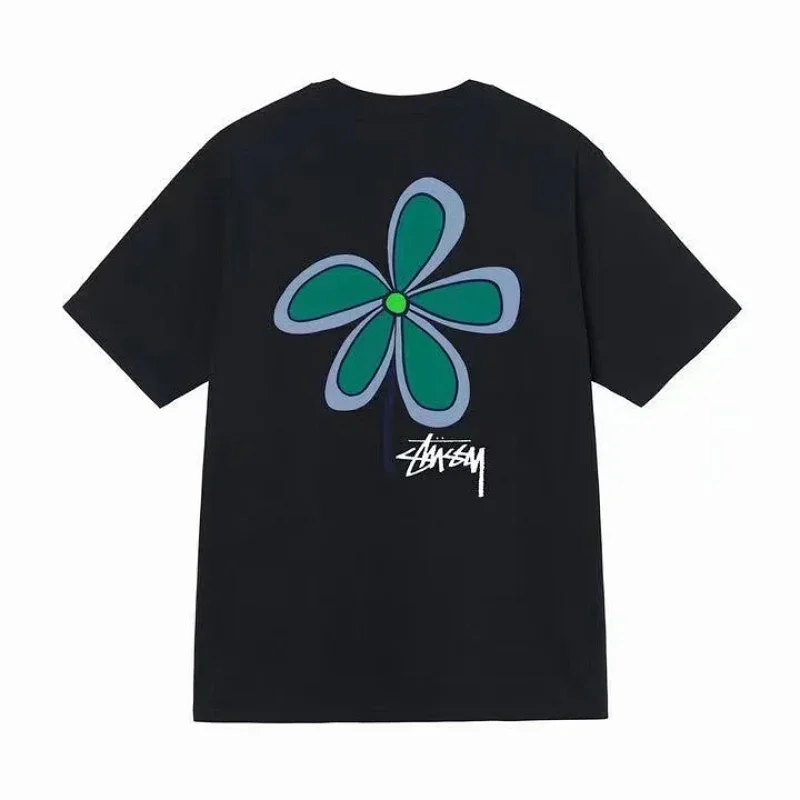 Stussy Black T-Shirt with Green Flower Back Graphic
