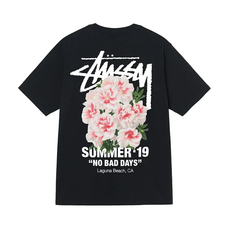 Stussy Black T-Shirt: Pink Flowers, "NO BAD DAYS"
