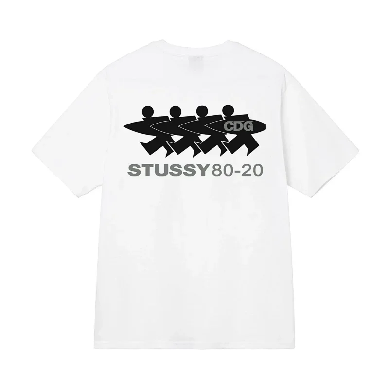 Stussy White T-Shirt with CDG Back Print & Surfing Figures