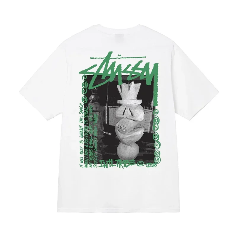 Stussy White T-Shirt Green Logo & Sculpture