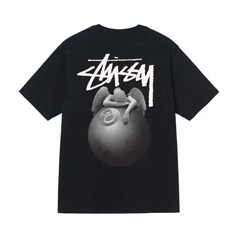 Stussy Black T-Shirt with Angel & 8-Ball Back Logo