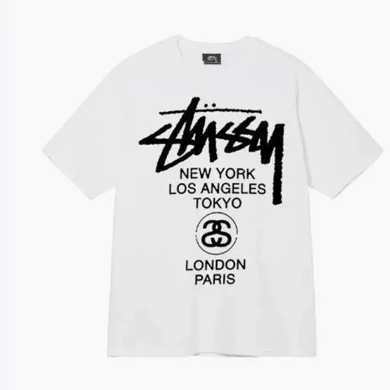 Stussy White Logo City Name Graphic T-Shirt