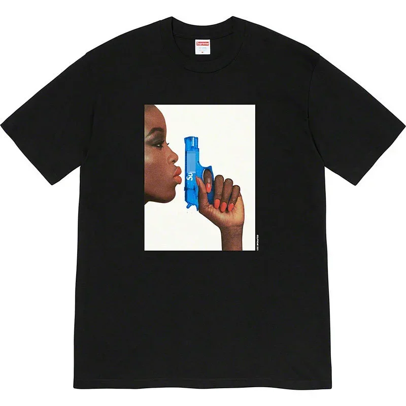 Supreme Black T-Shirt: Woman with Blue Toy Gun